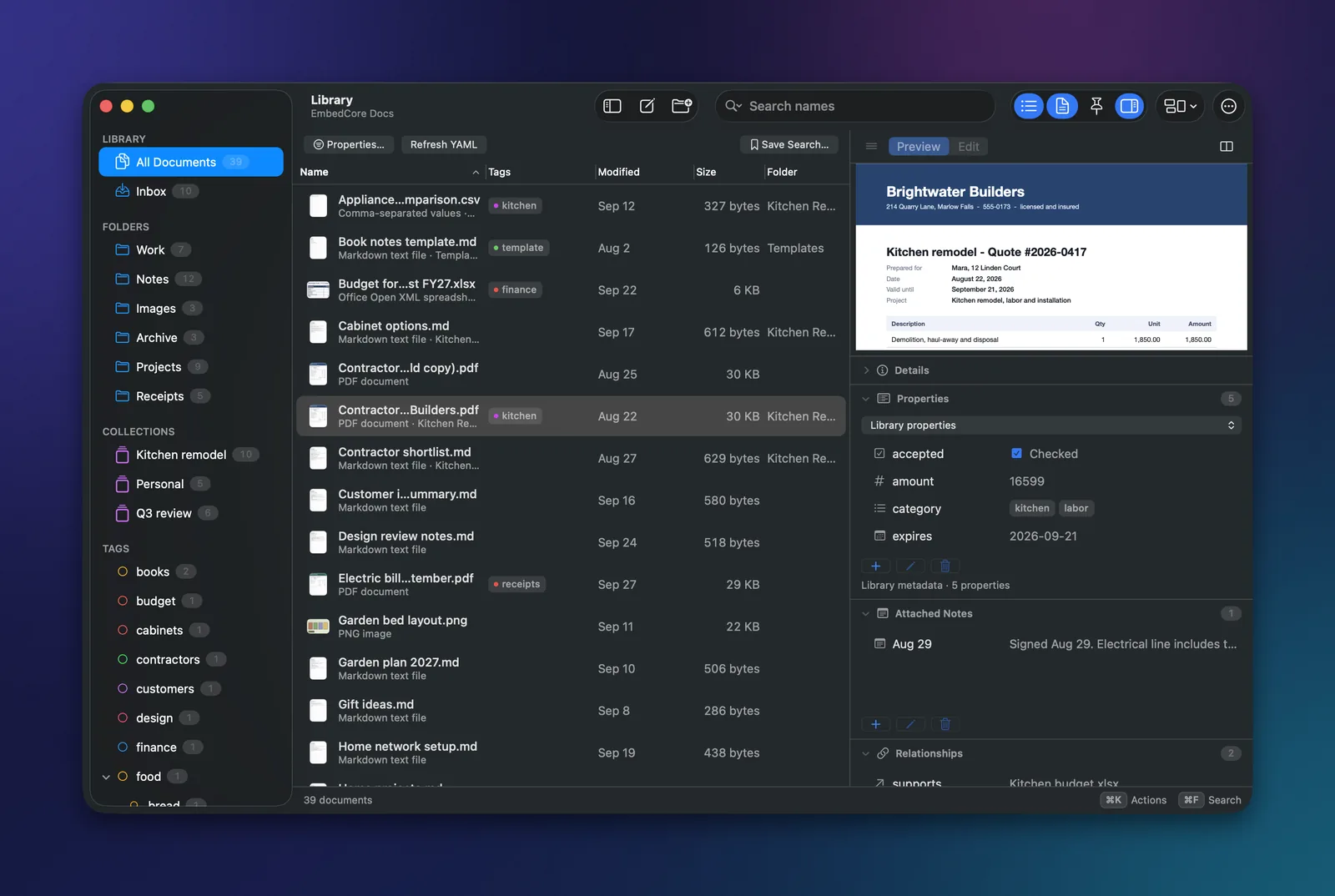 The Docs library window on macOS with folders, collections and tags in the sidebar, a document list, a contractor quote preview and its custom properties.