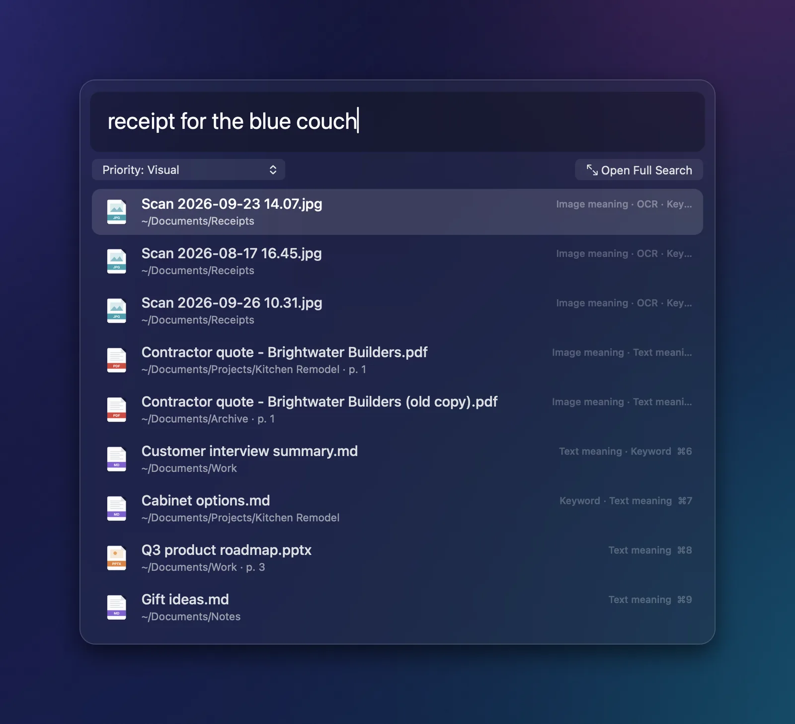 Kenrook Launch’s search panel on macOS with the query “receipt for the blue couch”, showing a scanned receipt as the top result.