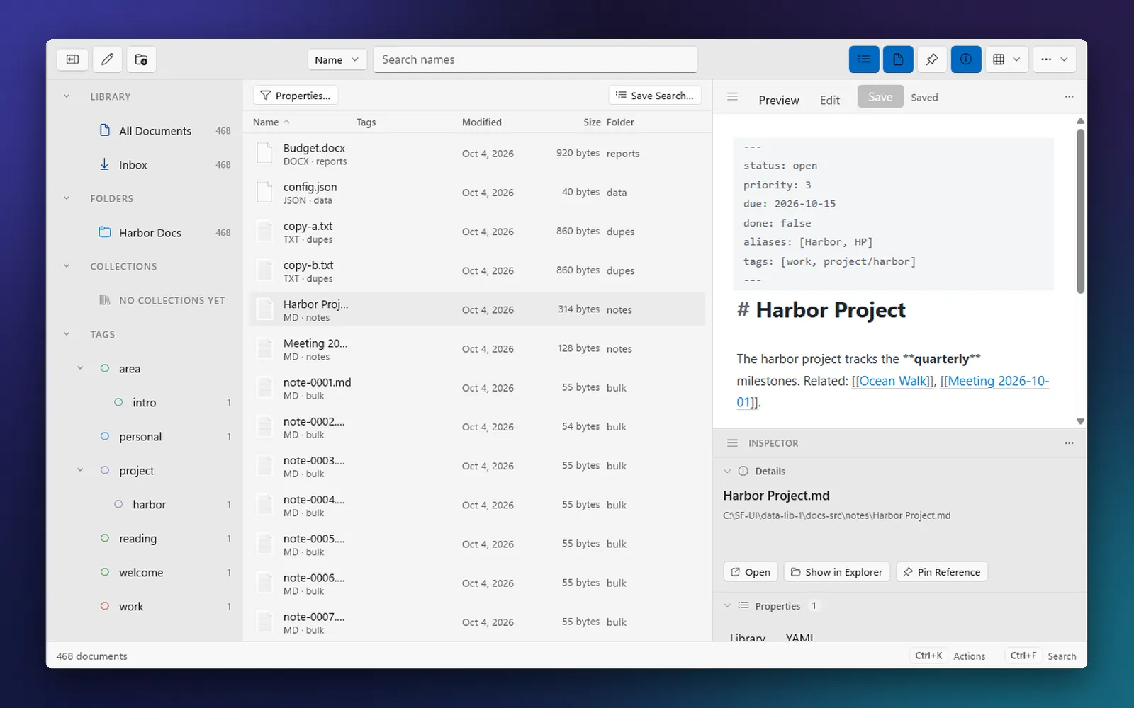 The Docs library window on Windows 11: folders, collections and tags in a sidebar, a list of documents, and a Markdown note open with its front matter and links to other notes.
