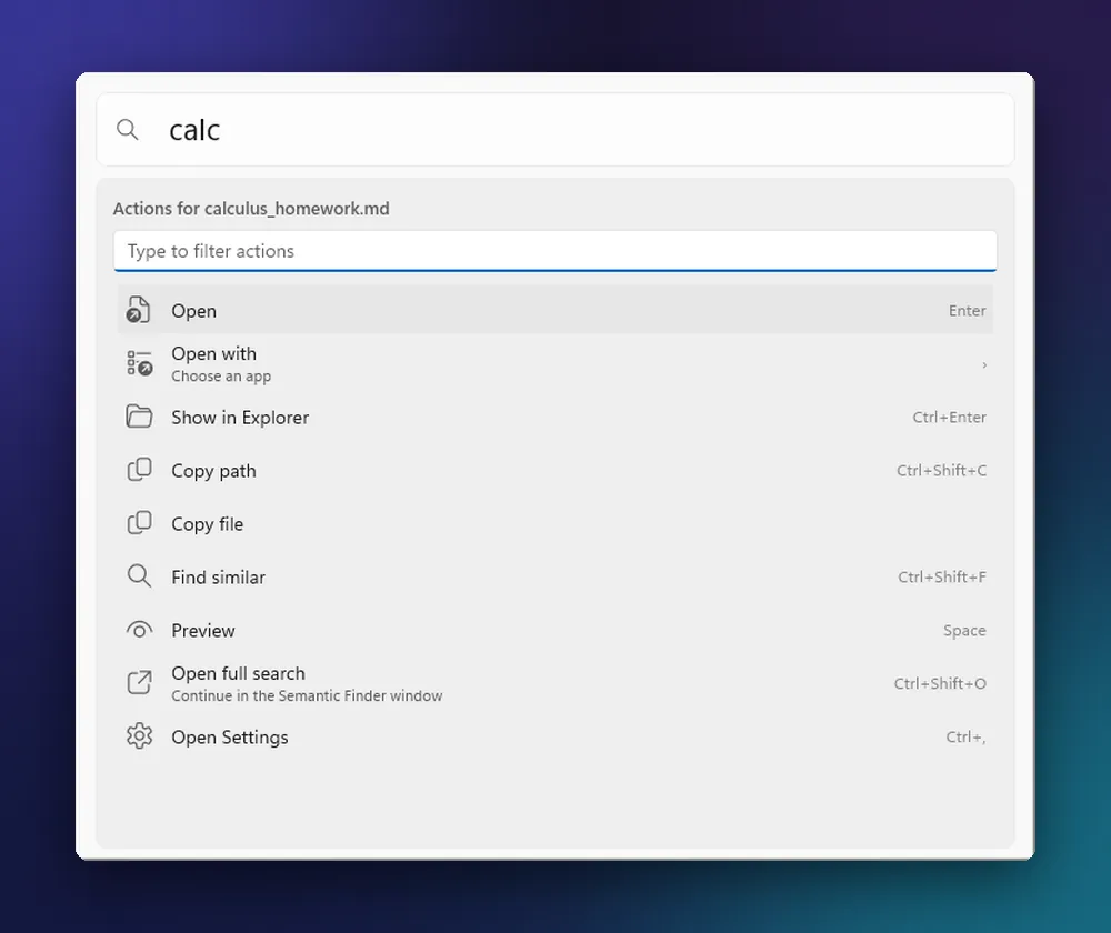 Kenrook Launch on Windows 11 with the action panel open for a Markdown file: Open, Open with, Show in Explorer, Copy path, Copy file, Find similar and Preview, each with its keyboard shortcut.